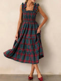 Purpdrank  Women Casual Sleeveless Pleated Long Dress Fashion Hight Waist Loose Party Dress Vintage Christmas Plaid Print Suspender Dress