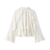 Purpdrank  Elegant Long Puff Sleeve Female O Neck Blouses Fashion Chiffon Ruffled Shirts For Women 2025 Spring New Chic Lady Tops Beachwear