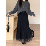 Purpdrank  Elegant Knitted Midi Skirt Women Fashion Lace Patchwork Black Pleated Skirts Winter Ladies Korean High Waist A Line Faldas New