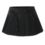 Purpdrank  Y2K American Retro Women Gray Solid Color Bow Belt Ruched Pleated Mini Skirt Side Zipper A-line Short Saia Skirt Cool Girl