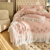 Purpdrank  Vintage French Beige Pink Lace Ruffles Flowers Embroidery Bedding Set Egyptian Cotton Quilt/Duvet Cover Set Bed Sheet Pillowcase