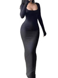 Purpdrank  Autumn Dresses Women's Elegant Mature Vibe Plain Long Sleeve Square Neck Midi Daily Bodycon Dresses