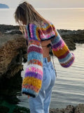 Purpdrank - Female Fashion O Neck Backless Knit Sweater Sweet Rainbow Striped Long Sleeve Short Pullover 2023 New Lady Casual Chic Knitwears