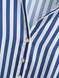 Purpdrank  CHIC Autumn Lapel Blue White Striped Print Bright Satin Shirt Women Single-Breasted Buttons Full Sleeve Loose Blouses Tops
