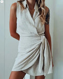 Purpdrank  Summer New Women's Career Suit Collar Dress Independent Station Cotton Linen Material Pure Color Patchwork Midi Skirt Dress