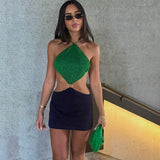 Purpdrank  2Pcs Shiny Swimsuit Women Sexy Swimwear With Mini Skirt Hollow Out Bikini Halter Bathingsuit Female Patchwork Bodysuit Beachwear