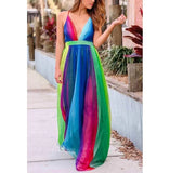 Purpdrank  Rainbow Dress Casual V Neck Mesh Midi Dress Women Clothing Long Dress for Women