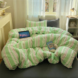 Purpdrank  Bed Linen Bedding Set Solid Color Stripes Printing Washed Cotton Bedroom Decor Duvet Cover Pillowcase Bedspread Four Piece Sets