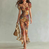 Purpdrank  Boho Vacation Summer Beach Dress Woman Spring Square Collar Hollow Split Bodycon Long Dress Sexy Puff Sleeve Ruffle Maxi Dresses