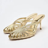Purpdrank  Golden Narrow Band Design Brand High Heel Slippers Women Fashion Pointed Toe Thin Heel Slide Sandals Elegant Banquet Dress Shoes