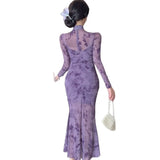 Purpdrank  Sexy Long Sleeve Lace Cheongsam Dress Waist Cinched Maxi Skirt for Women Southeast Asia Cross Border Elegant Commute Style