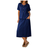 Purpdrank  Women Summer Skirts Two Piece Set Peter Pan Collar Short Sleeve Top And Midi Skirt With Pockets Cotton Linen Matching Sets