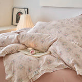 Purpdrank  Vintage French Country Rustic Style Floral Bedding Set 100% Cotton Double Layer Crinkle Yarn Duvet Cover Bed Sheet Pillowcases