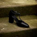 Purpdrank  New Fashion Lacquer Leather T-shaped Pumps Round Toe Square Heel Straw Shoes French High Heels One Button Baotou Sandals