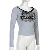 Purpdrank  Spring Grey Women's T-shirt V-Neck Long Sleeves Letter Print Crop Top Casual Fashion T Shirt Female Streetwear Sexy Cropped Tops