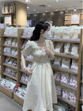 Purpdrank  French Style Square Neck Women Summer New Waist-hugging Slimming Mid-length Short-sleeved Dress