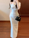 Purpdrank  French Slanted Shoulder, Off-shoulder, Swung Collar, Mid-length, Irregular Waist, Hip-hugging Pleated Dress, New Summer Style