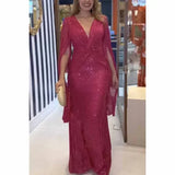 Purpdrank  European Style V Neck Solid Color Long Sleeve Party Club Bodycon Dress Female Elegant Sexy Long Maxi Dresses