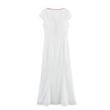 Purpdrank  Summer Women's Flower Embroidery Dress Lace Stitching Round Neck Short Sleeve Long Dress White Maxi Vestidos