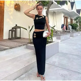 Purpdrank  Luxury 3D Metal Flower Women Two Piece Set Hollow Out Sleeveless Slim Cropped Tops High Waist Maxi Skirt Party Vacation Suits