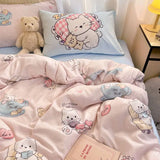 Purpdrank  Bowknot Bedding Set Ins Girl Plaid Washed Dormitory Bed Sheet Quilt Cover Student Dormitory Three-piece Set