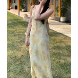 Purpdrank  French Style Summer Long V-Neck Floral Print Dress Women's Empire Waist Slim Fit Chiffon Dress Ankle Length Sleeveless