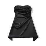 Purpdrank  Sexy Solid Satin Fish bone Corset Style Ruched Chest Strapless Dress Women Hem Asymmetrical Off Shoulder Tube top Party Robe