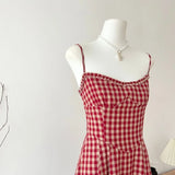 Skin Flower Vintage Dark Red Checkered Small Man Sundress Summer Seaside Vacation Fairy Dress