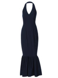 Purpdrank  Elegant Navy Blue Halter Mermaid Long Dress Women Sexy Deep V Front Sleeveless Backless Slim Bodycon Evening Party Gown