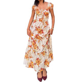 Purpdrank   Spring summer Women's Elegant Floral Print Maxi Dress Square Neck Puff Sleeve Smocked Waist Tiered Ruffle Hem Vacation Dress