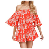 Purpdrank  Women Elegant Summer Romper Sexy Off Shoulder Flare Short Sleeve Wide Leg Shorts Pants Fashion Floral Print High Waist Jumpsuit