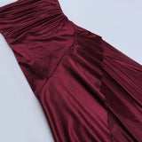 Purpdrank  Women's Elegant Burgundy Satin One Shoulder Bodycon Maxi Dress Ruched High Slit Formal Party Dress