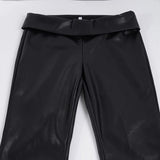 Purpdrank  Basic Solid Pu Leather Flare Pants Casual Slim Folds Low-Waisted Wide Leg Pants Women Autumn Spring Streetwear Office Lady