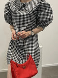 Purpdrank  Chic Spring Sweet Young Looking Wood ain  Doll Collar Loose Bubble Sve Plaid Dr Women's Faion Casual Skirts