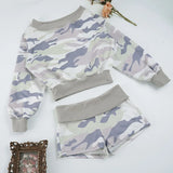 Purpdrank  Women Casual Camouflage Print Matching Set Chic Off Shoulder Long Sleeve Loose Top and Shorts Streetwear 2 Piece Outfit