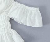 Purpdrank  Stylish White Embroidery Hollow Out Flower Slash Shoulder Short Sleeve Tank Top Women Elastic Waist Ruffles Hem Crop Tops