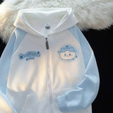 Purpdrank  Japanese Kawaii Rabbit Ears Hoodie Sweatshirts Spring Autumn Lazy Sweet White Blue Cardigan Long Sleeve Loose Knitted Top