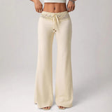 Purpdrank  Women Elastic Waist Lace Slightly Flared Casual Pants Slim-fit Strap Up High Waist Bell-bottom Solid Color Comfort Splice Pants