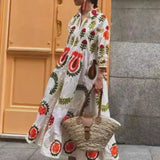 Purpdrank  Women's Floral Long Shirt Dress 3/4 Sleeve Lapel Neck Button-up Flowy Loose Dresses