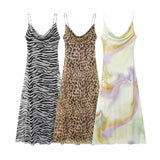 Purpdrank  2025 Women Fashion Pleat V Neck Tie Dyed Print Mesh Yarn Sling Long Dress Female Chic Summer Beach Wear Vestidos DS9321