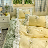 Purpdrank  Korean Princess Style Double Layer Lace Flower Embroidery 100% Cotton Bedding Set Plaid Style Duvet Covers Bed Sheet Pillowcases