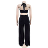 Purpdrank  Irregular Velvet Long Pants Two-pieces Set Criss-cross Hanging Neck Lacing Tank Tops+Hollow Trousers Fashion Sexy Club Wear