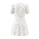 Purpdrank  Retro French Style White Floral Print Short Puff Sleeve Dress Women V neck Slim Waist A-line Mini Dresses Vestidos Holiday Robe