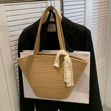 Purpdrank  Portable Straw Woven Tote Bag Handmade Large Capacity Shoulder Bags Hollow Out Button Braided Underarm Bag Women