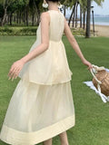 Purpdrank  Korean Fashion Beach Vacation Loose Two Piece Women's Sleeveless Tank Top Dress New Apricot Women Casual Beach Dress Summer