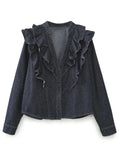 Purpdrank  Fashion Ruffled Denim Shirt Jacket For Women Y2K V-neck Long Sleeve Single Breasted Jeans Blouse Female Chic Street Outerwear
