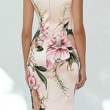 Purpdrank  New Office Elegant V Neck Women's Dress Spring Floral Print Slim Party Dresses Summer Sleeveless Back Zippers Holiday Dress