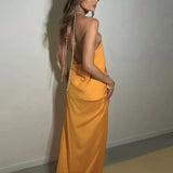 Purpdrank  Sexy Satin Ribbon Party Dress Women Elegant Halter Backless Off Shoulder Sleeveless Maxi Dresses Summer Side Split Long Dress