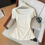 Purpdrank  Korean Pleated Square Collar T Shirt Women Summer New Fashion Drawstring Knitting Tops Korean Chic Slim Folds Female Tees