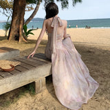 Purpdrank  French Jacquard Embroidered Dress Halter Neck Women Spring Vacation Sexy Floral Long Dress